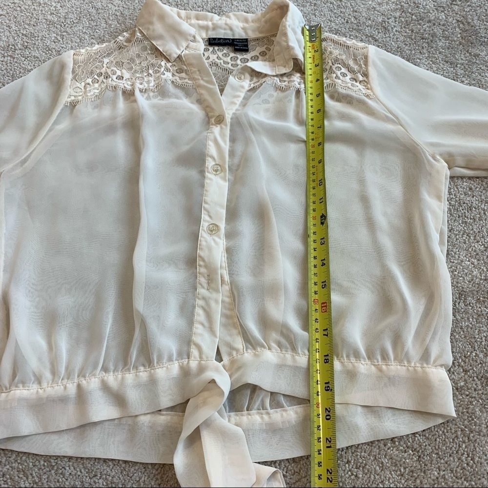 Cream chiffon lace button down Front tie blouse L - Picture 3 of 5
